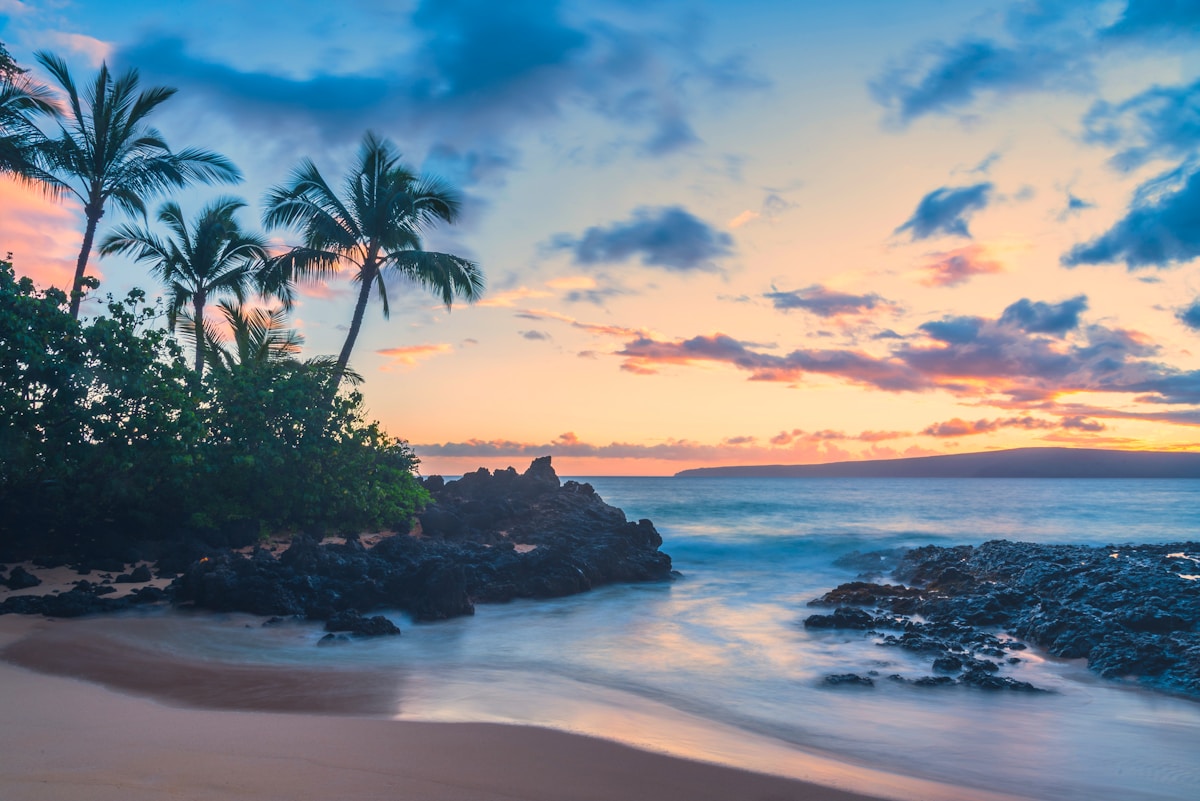 Maui beach at sunset with volcanic rocks and palm trees, Hawaii